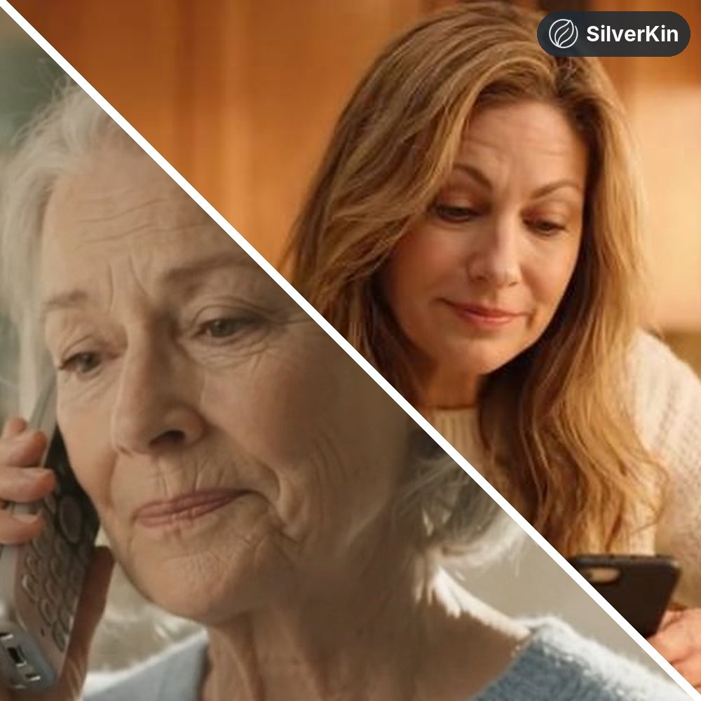 An older mother on the phone saying she’s fine, and her daughter checking the SilverKin app