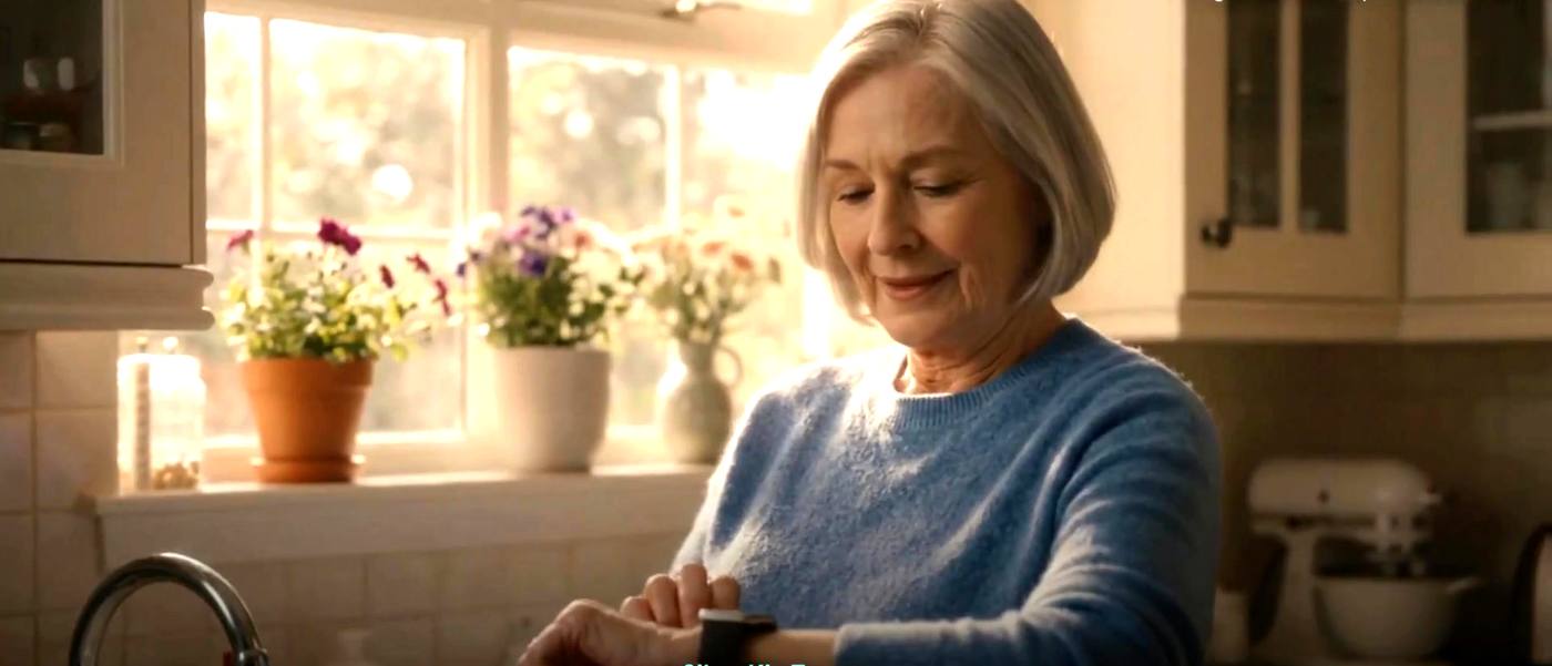 An older woman at her kitchen sink glancing at the SilverKin band on her wrist